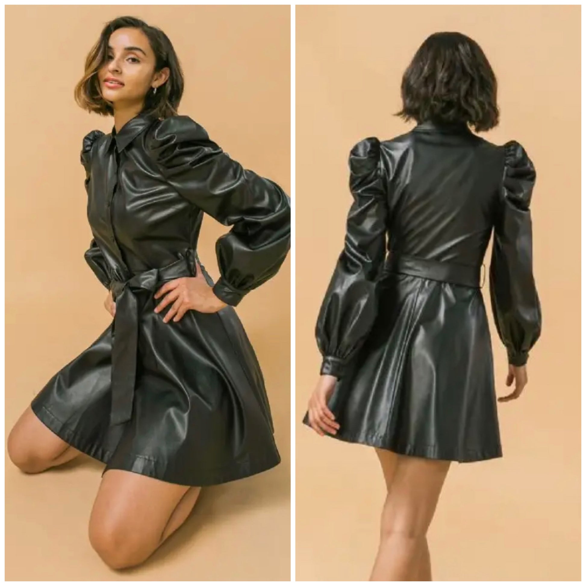 faux leather flare shirt dress