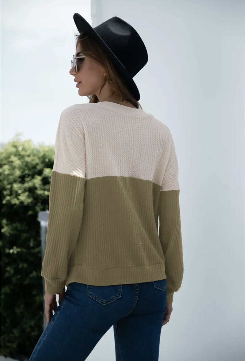 two-toned waffle knit long sleeve top