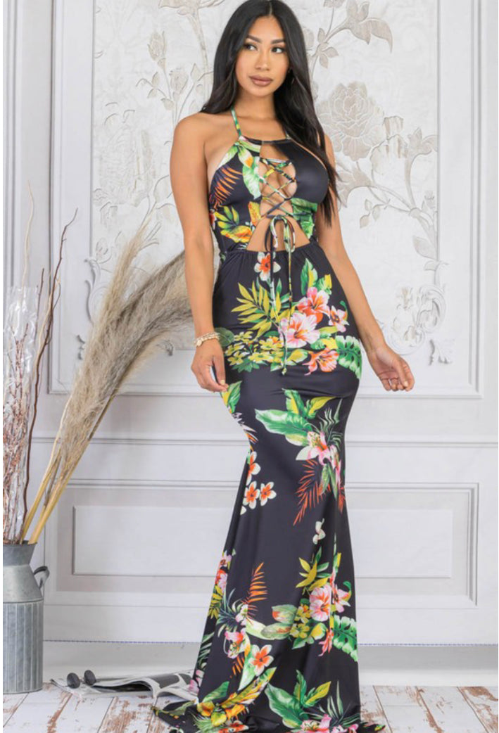 criss cross lace tie floral maxi dress
