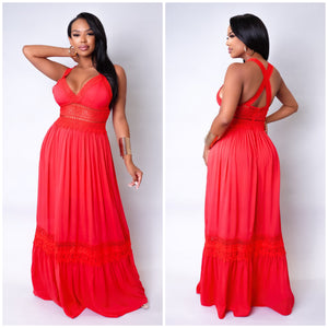red maxi dress with crochet detail
