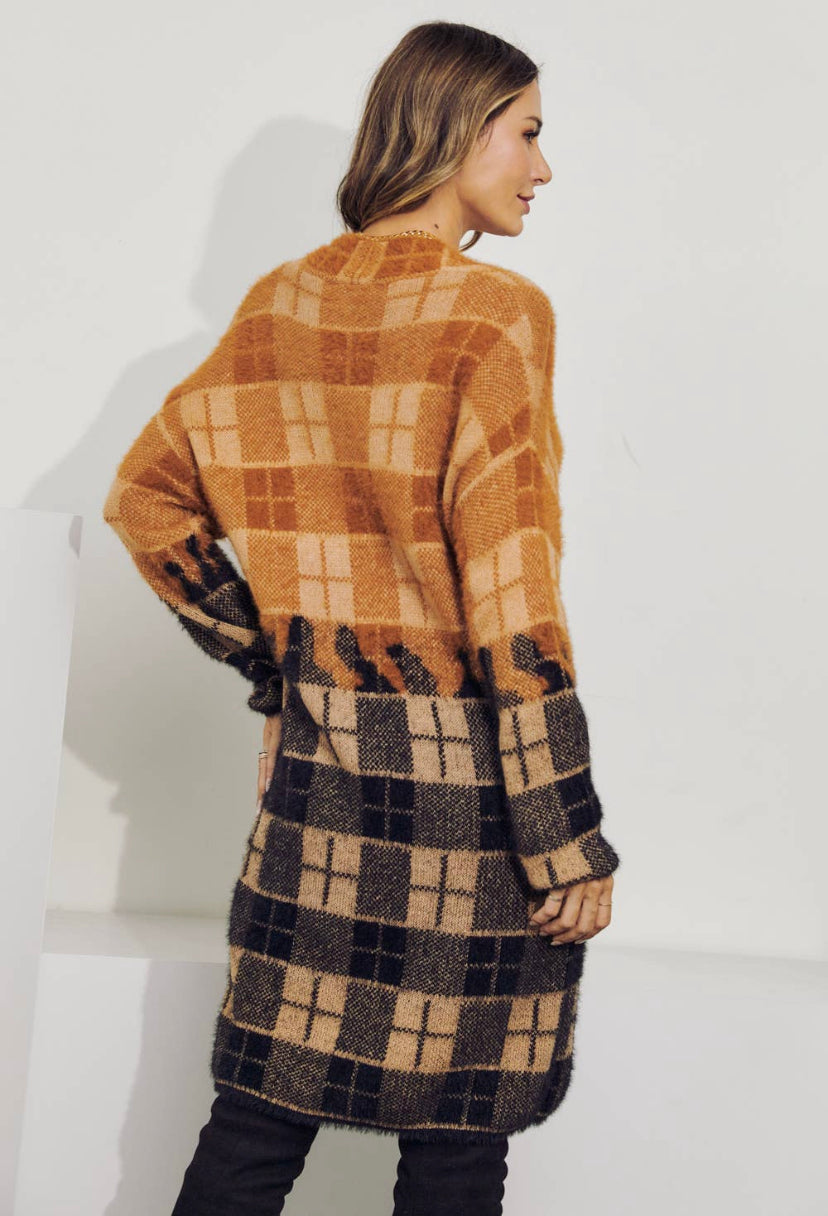 color block plaid long cardigan