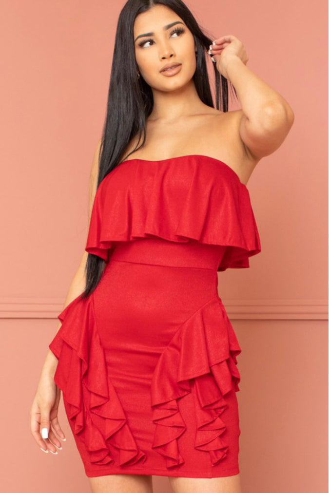 shimmering red ruffled mini dress