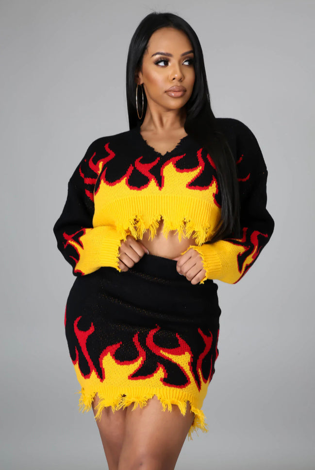 “On Fire” Distressed Skirt Set