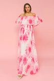 Pink Flounced Off Shoulder Maxi Dress