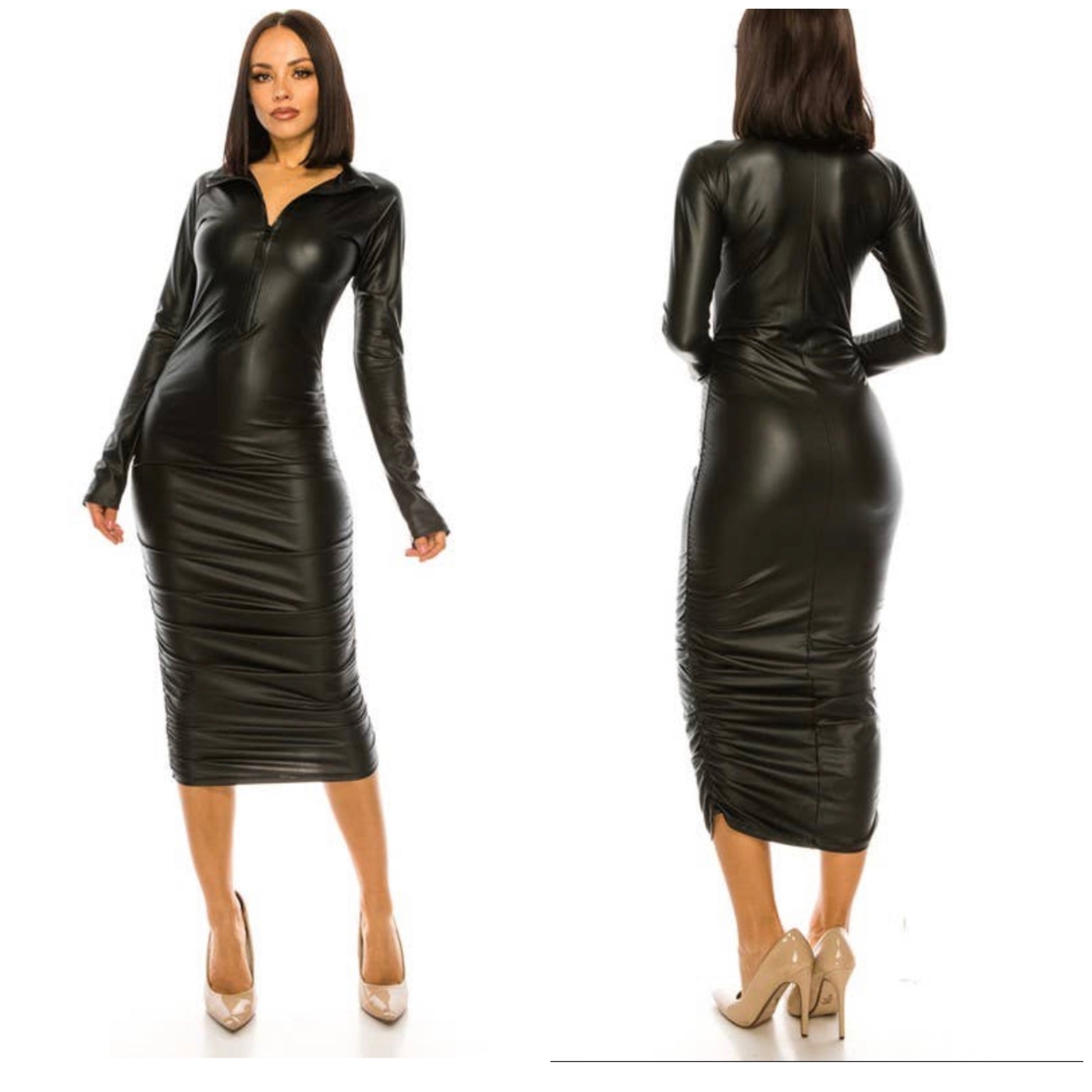 black faux leather ruched sides long sleeve midi dress