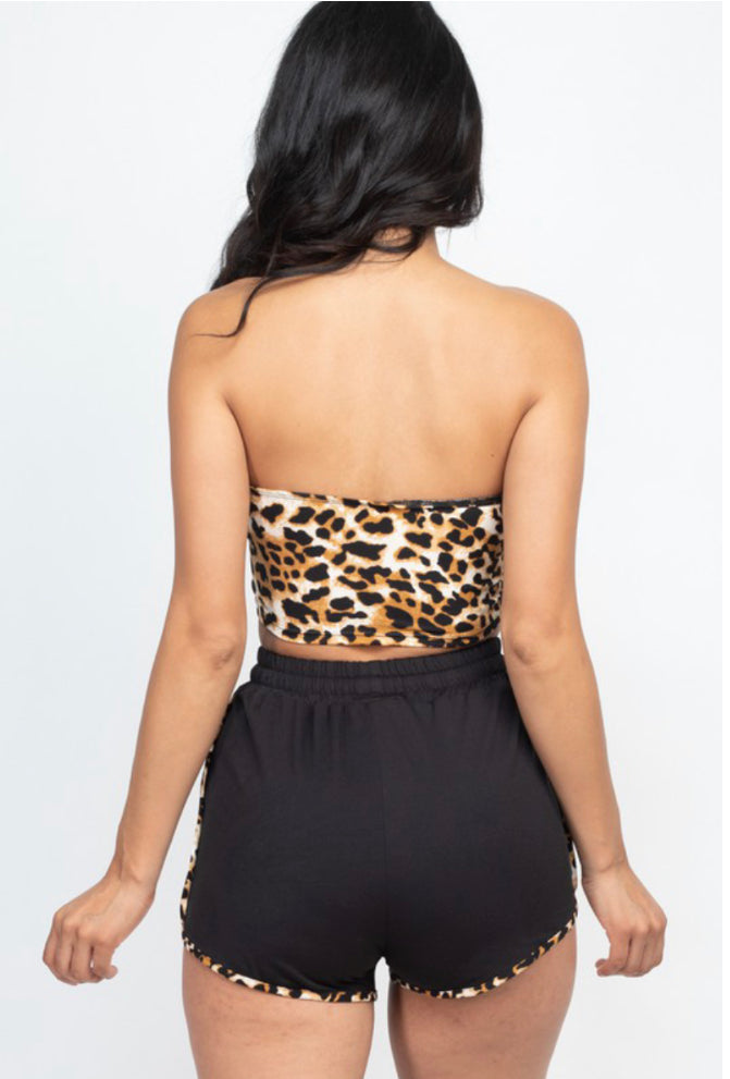 leopard print tube top & shorts set