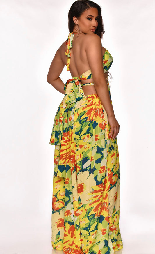 vacation double slit halter maxi dress