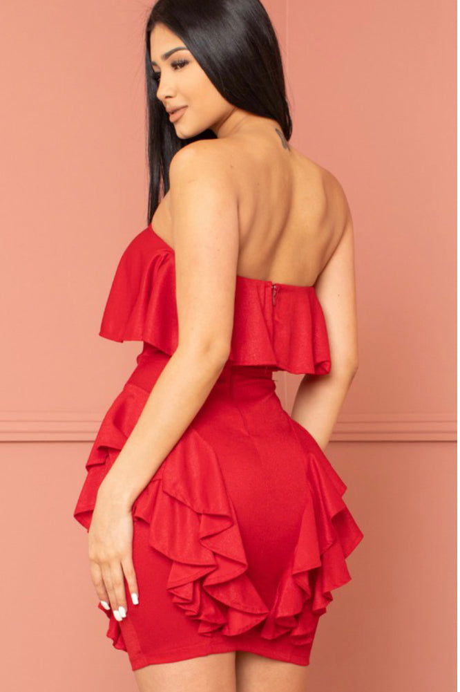 shimmering red ruffled mini dress