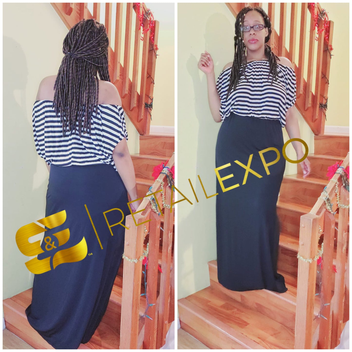 black & white striped top & full black bottomed maxi dress