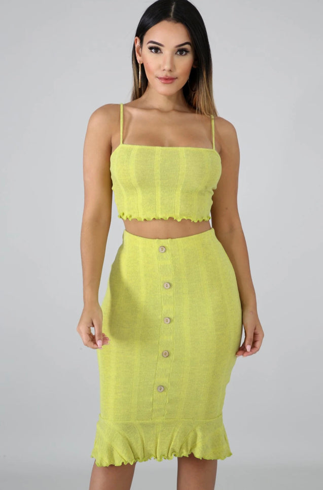 green knitted skirt & cropped top set
