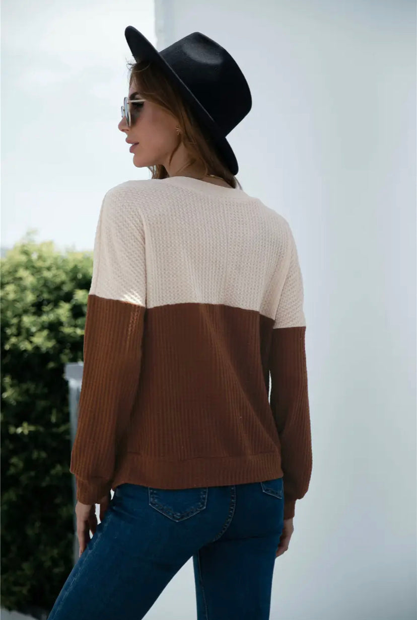 two-toned waffle knit long sleeve top