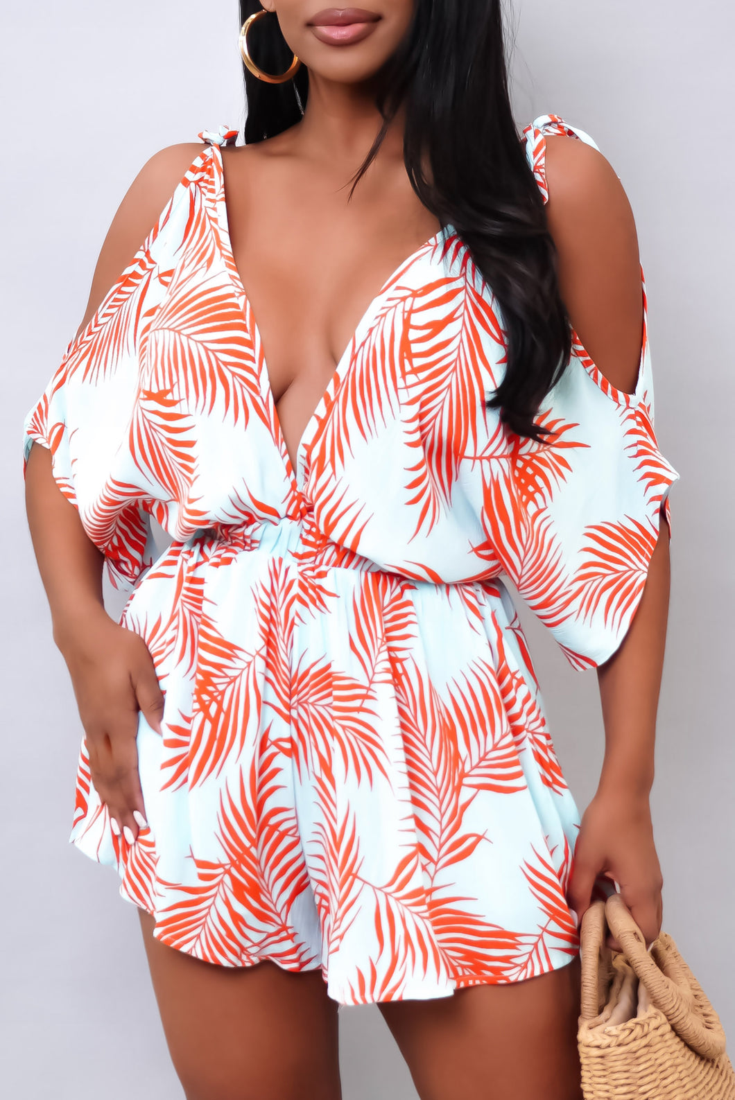 light baby blue & orange leaves romper