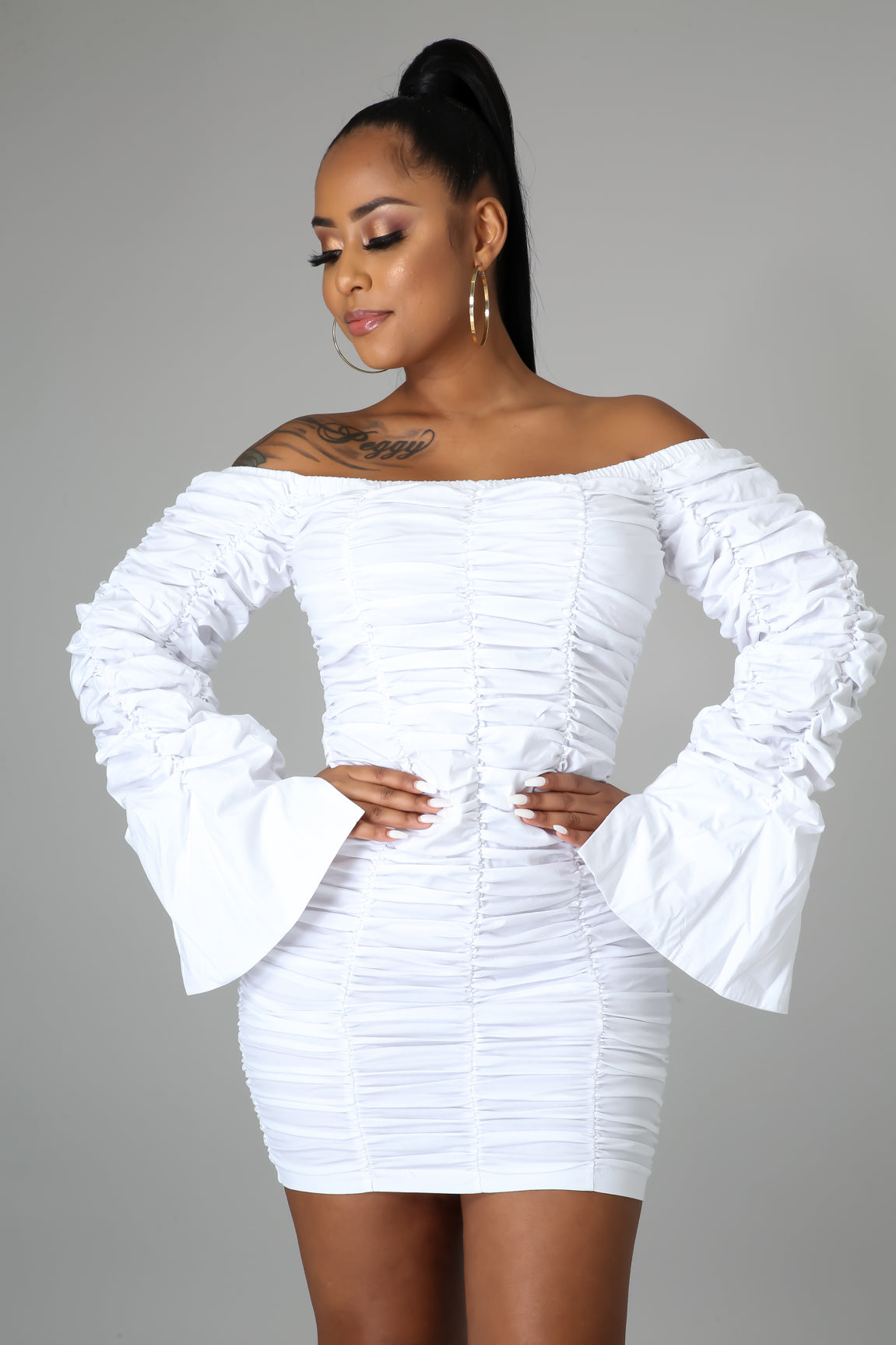 stretch denim off shoulder ruched ruffled mini dress