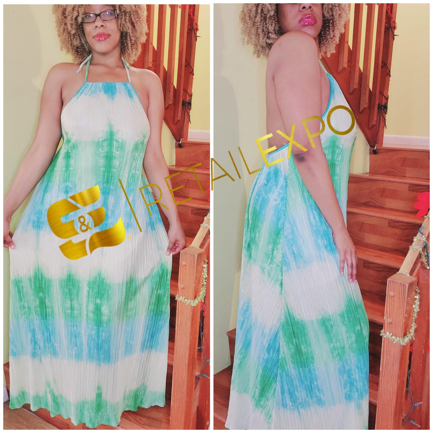 “dreams” pleated halter neck open back maxi dress