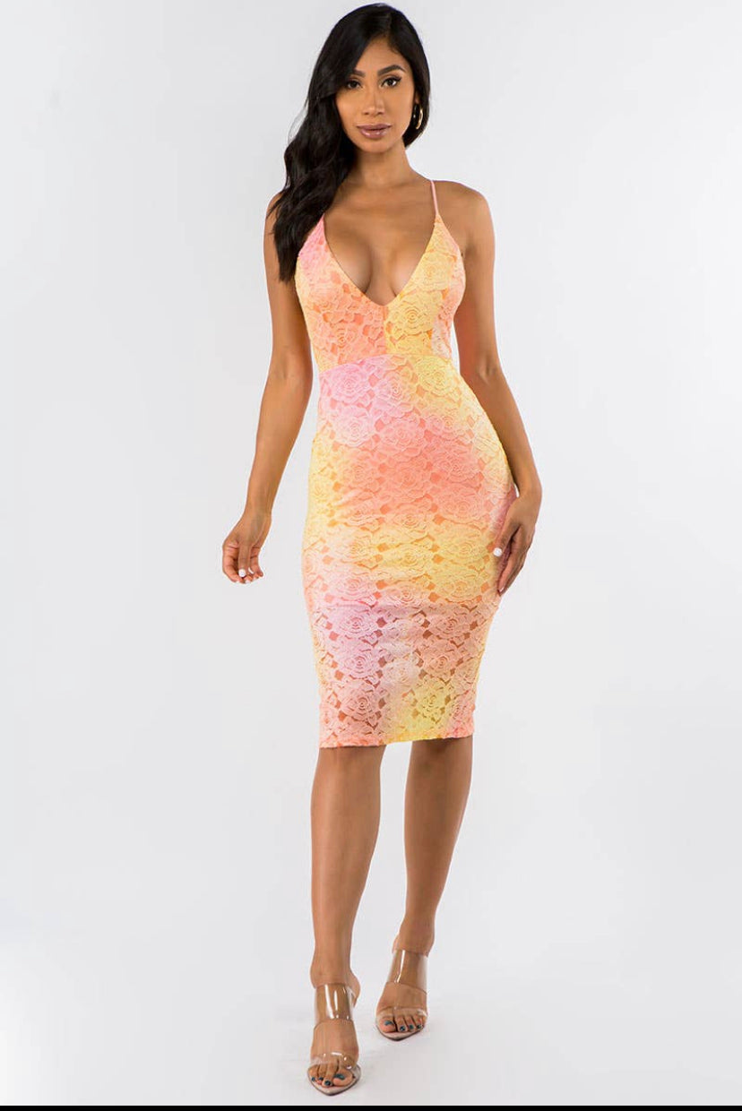 coral cross back lace print lined midi dress