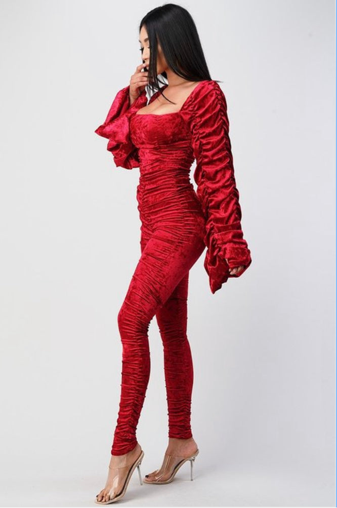 red velvet ruffled sleeves jumpsuit