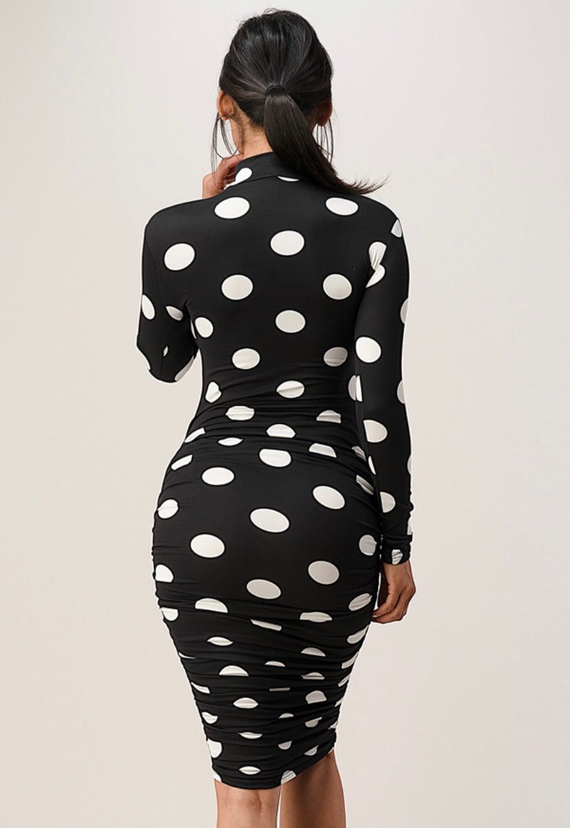 black & white polka dot ruched dress