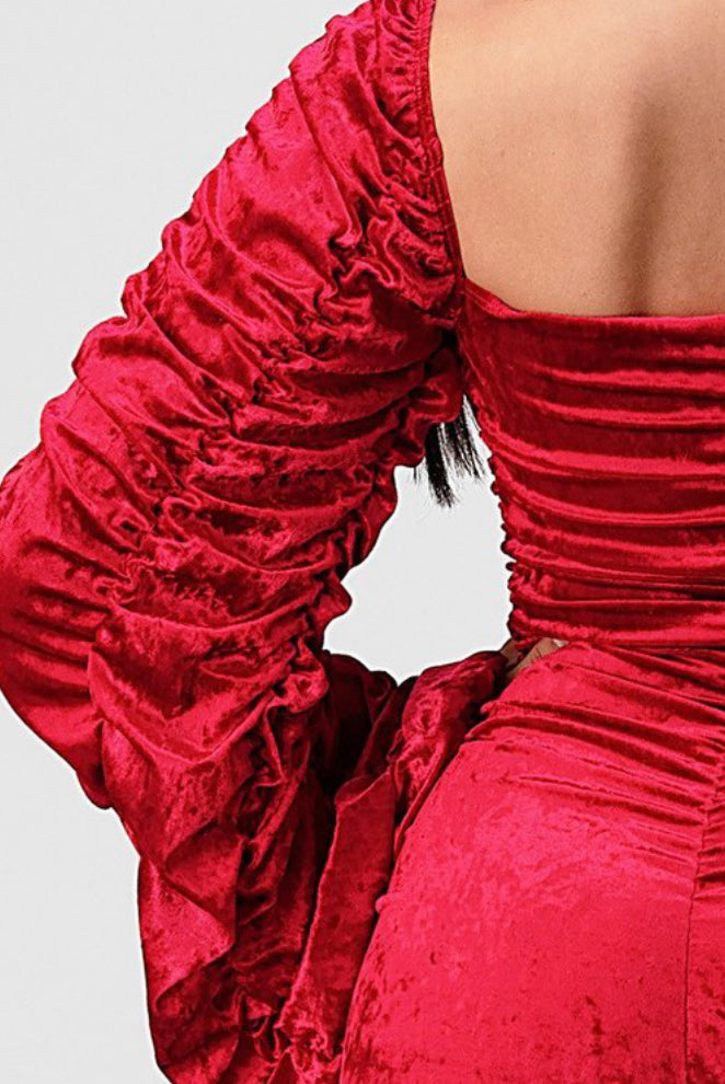 red velvet ruffled sleeves jumpsuit