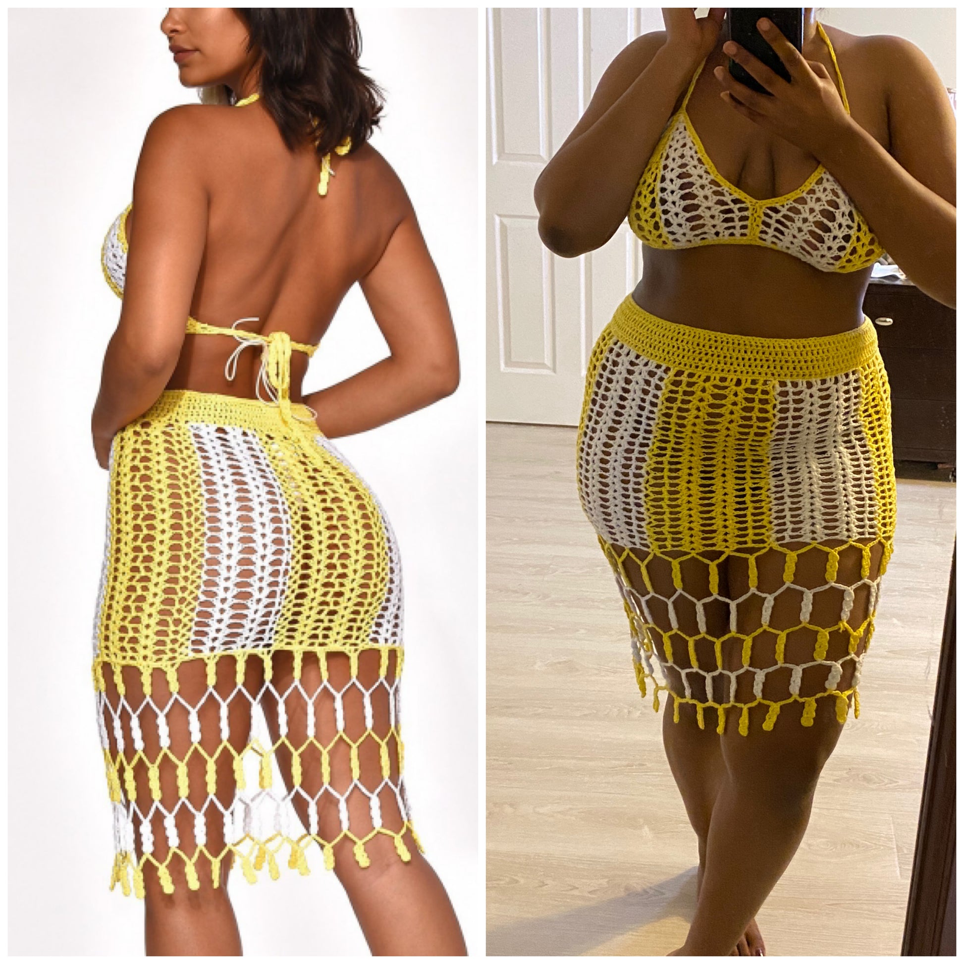 yellow & white crochet tassled coverup skirt set