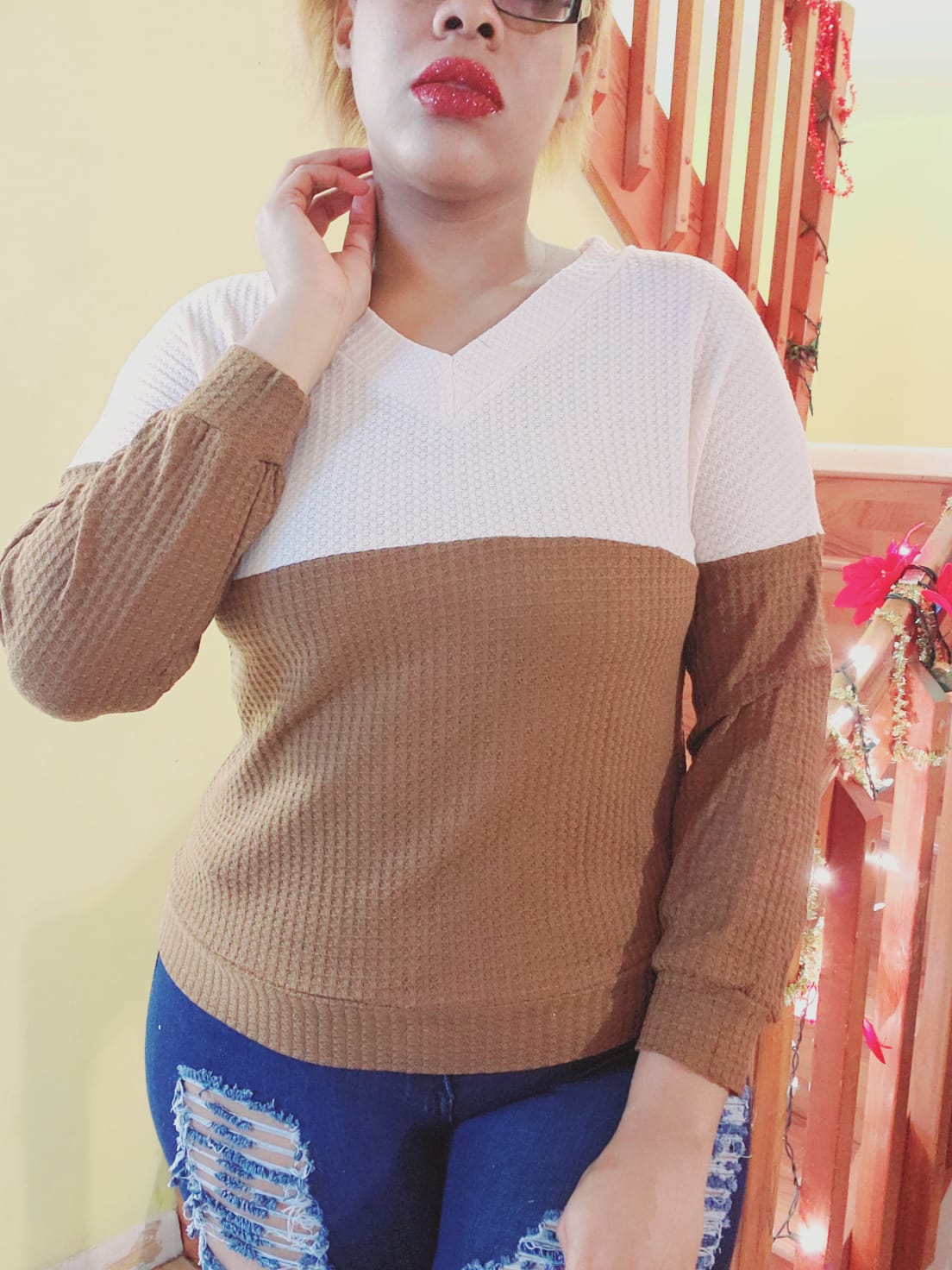 two-toned waffle knit long sleeve top