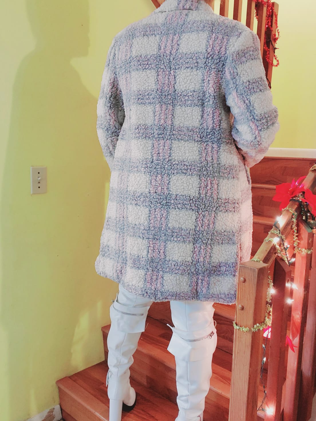 fluffy midi plaid coat