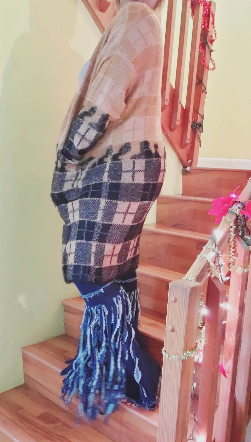 color block plaid long cardigan