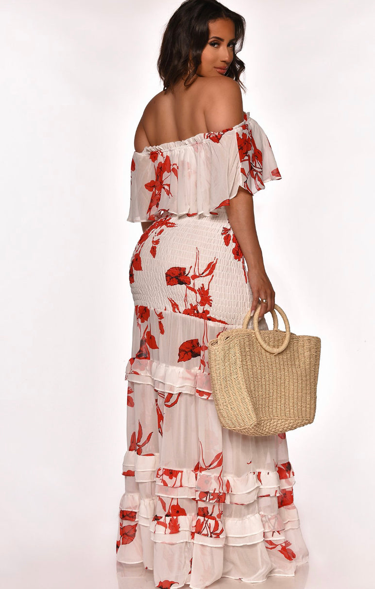 red flowers resort maxi skirt set