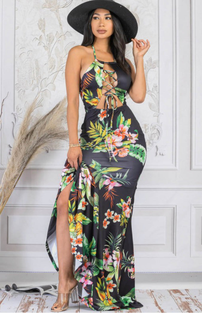 criss cross lace tie floral maxi dress