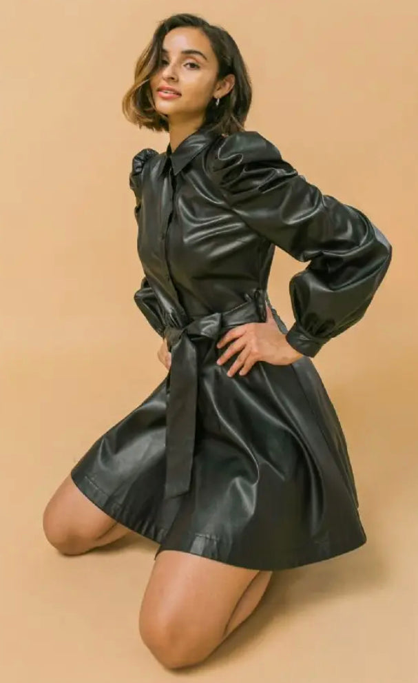 faux leather flare shirt dress