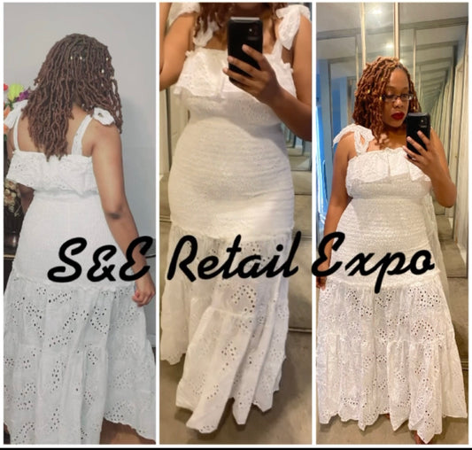vacation white crochet ruffled bottom maxi dress