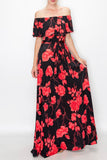 off shoulder red roses print  maxi dress