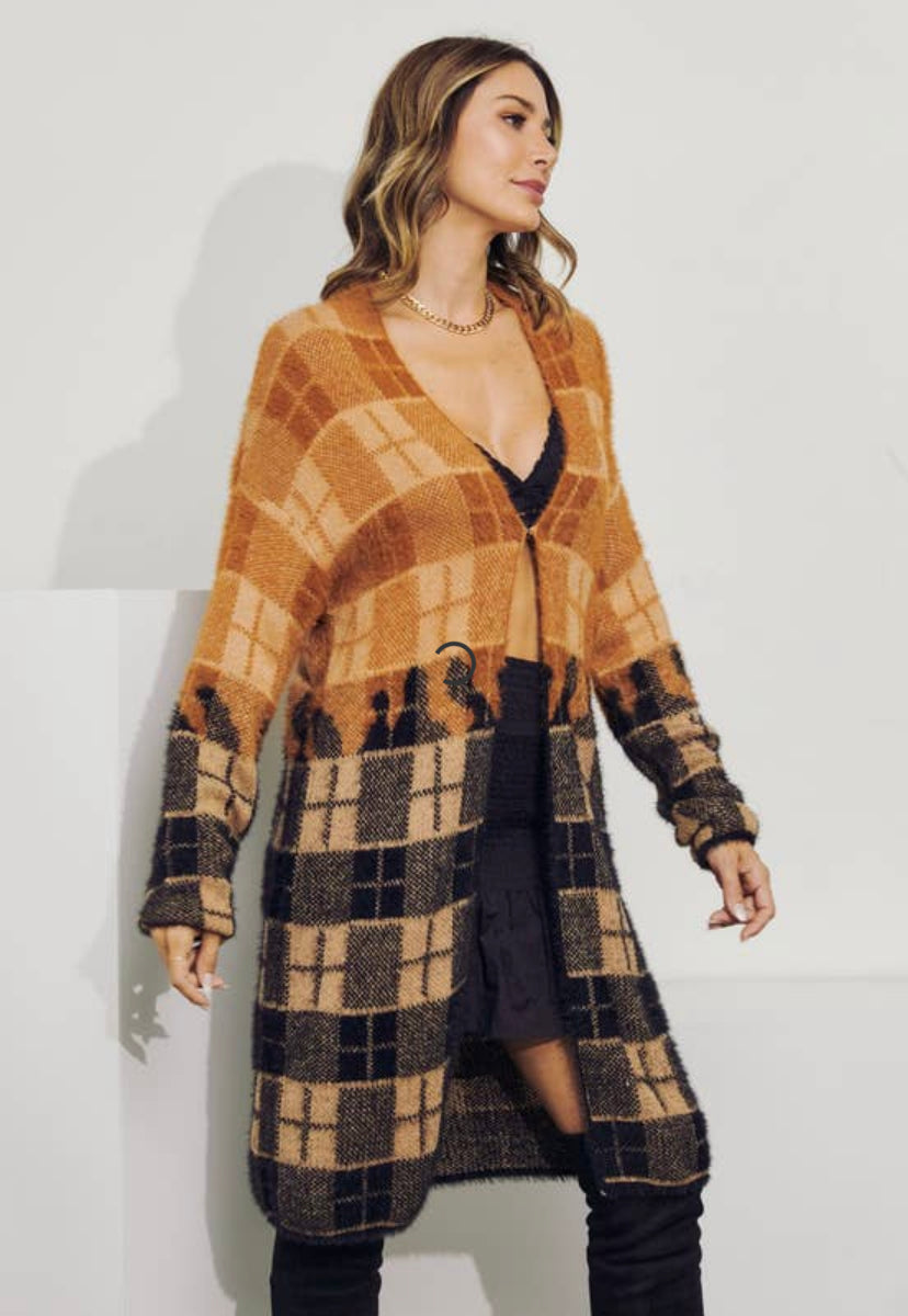 color block plaid long cardigan