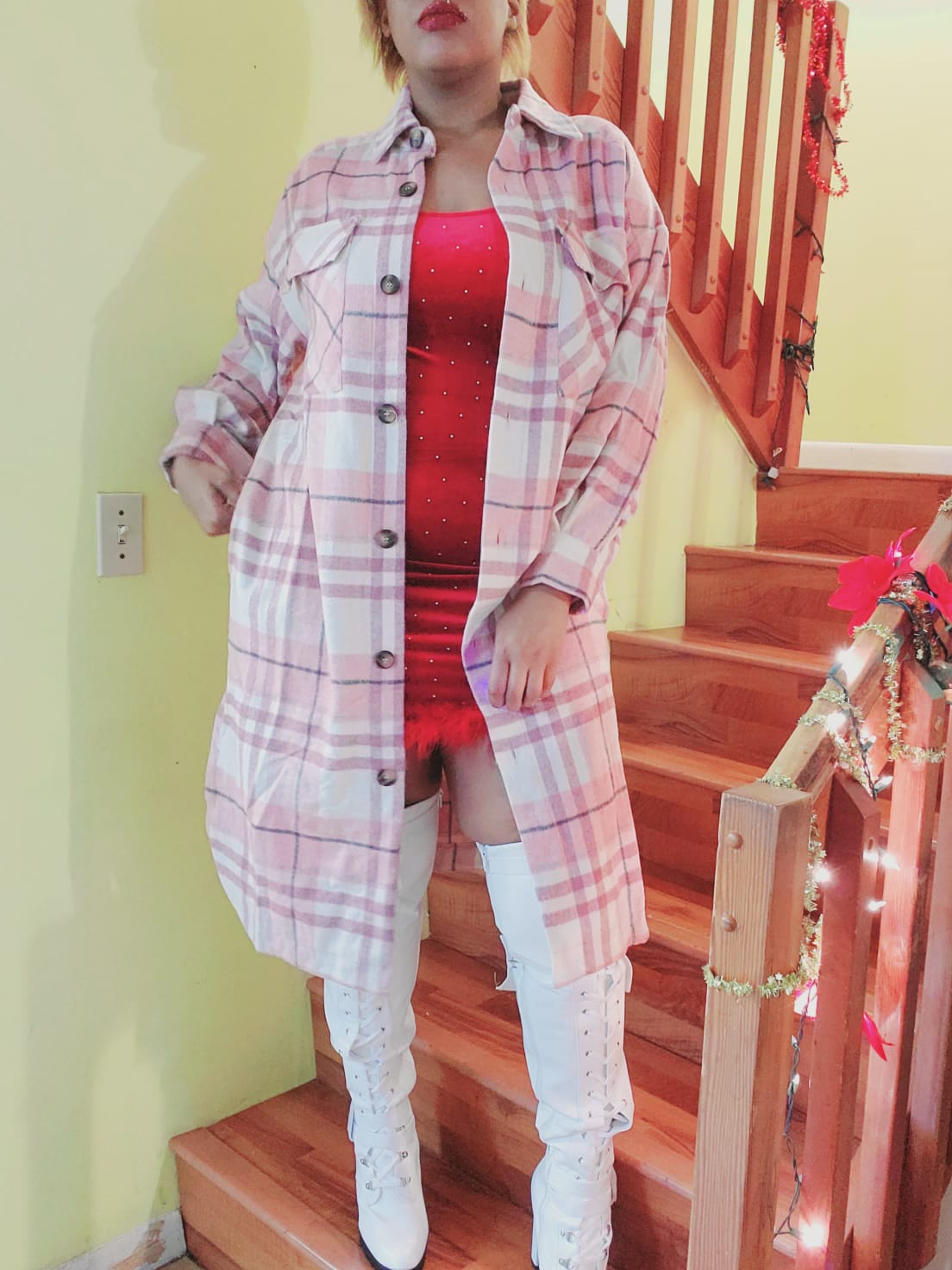 mauve plaid long shirt jacket