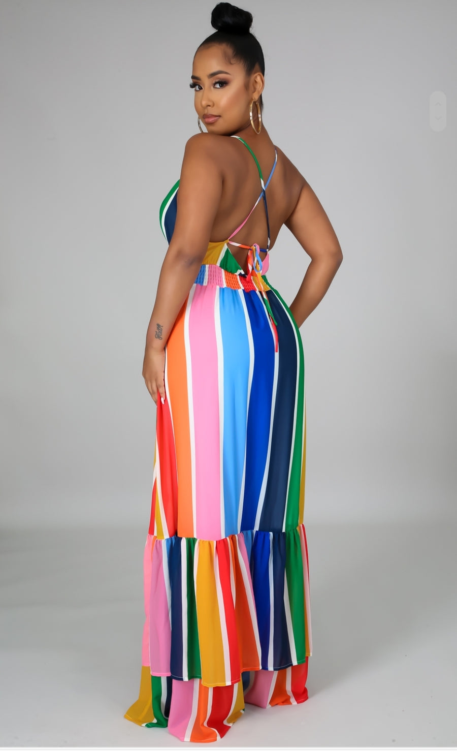 rainbow multistriped crochet top maxi dress