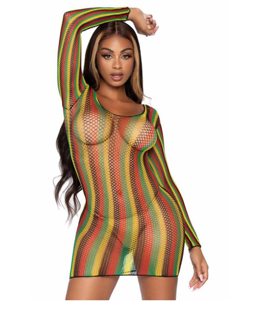 Rasta Fishnet Long Sleeve Mini Dress/Swimwear Coverup/Lingerie (PREORDER)