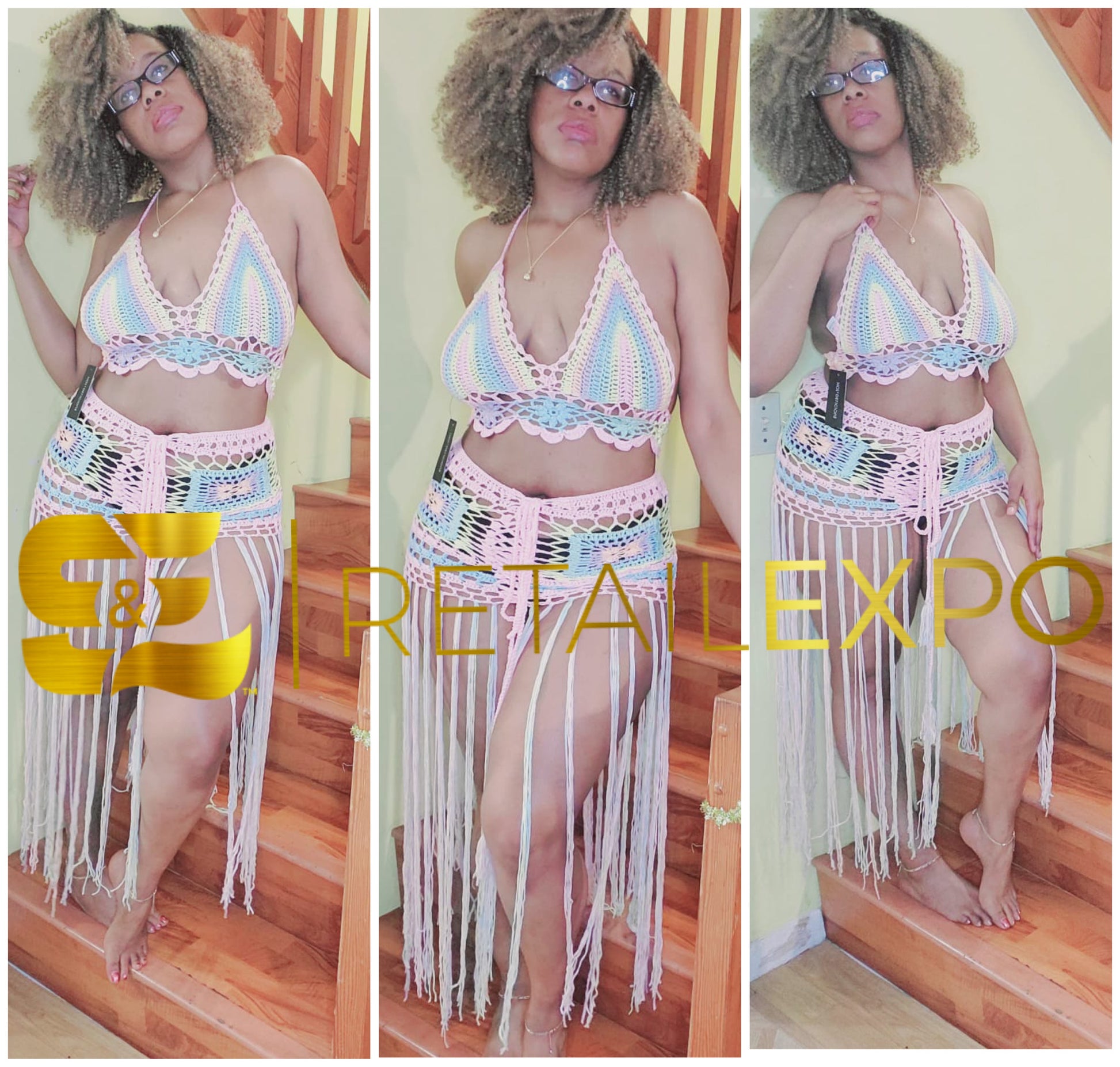 pink multicolor fringe swimwear set