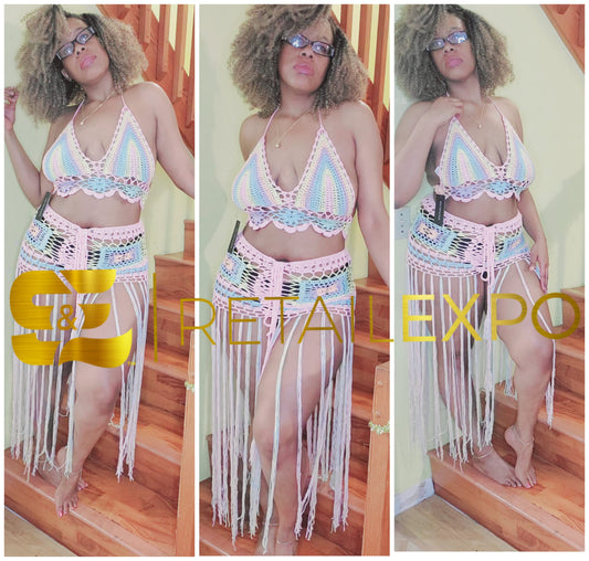 pink multicolor fringe swimwear set