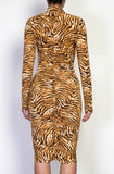 tiger print ruched midi dress