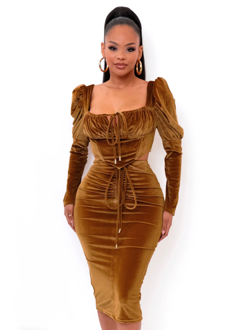 velvet brown ruched skirt & cropped puff top set