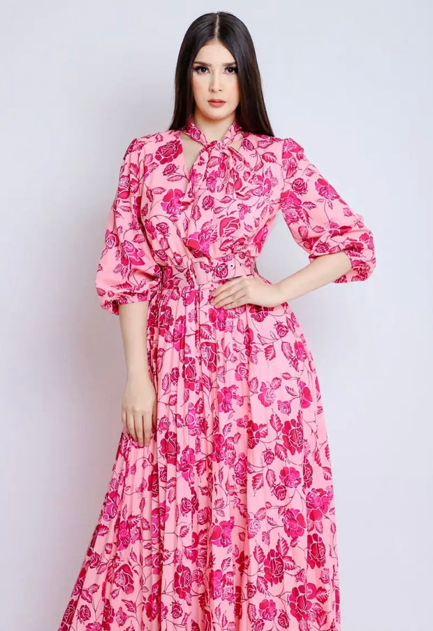 flower print tie-neck pleated maxi dress