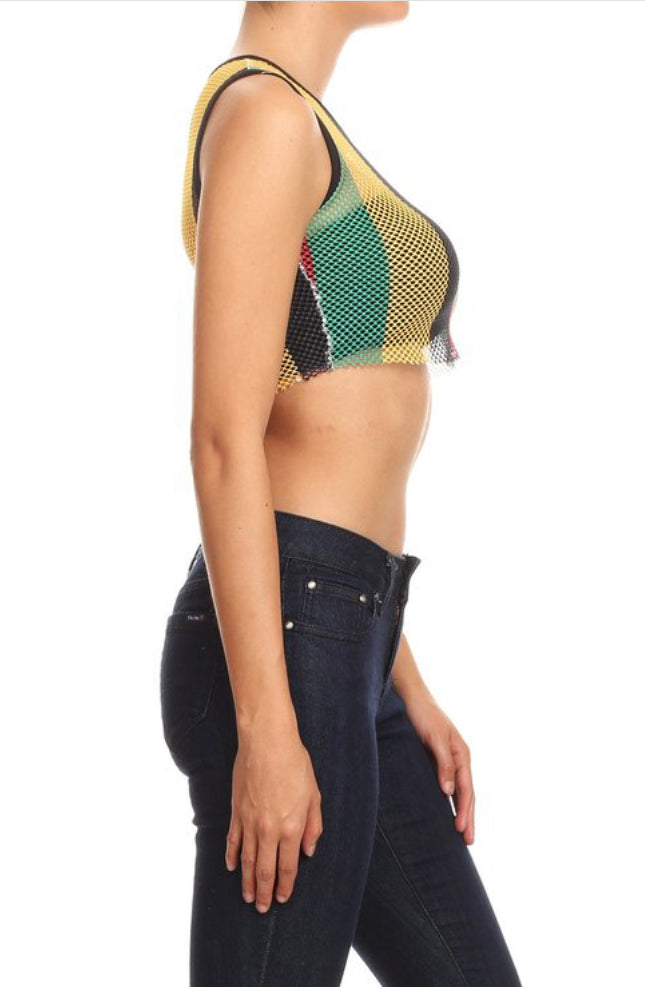 rasta striped mesh fishnet cropped top