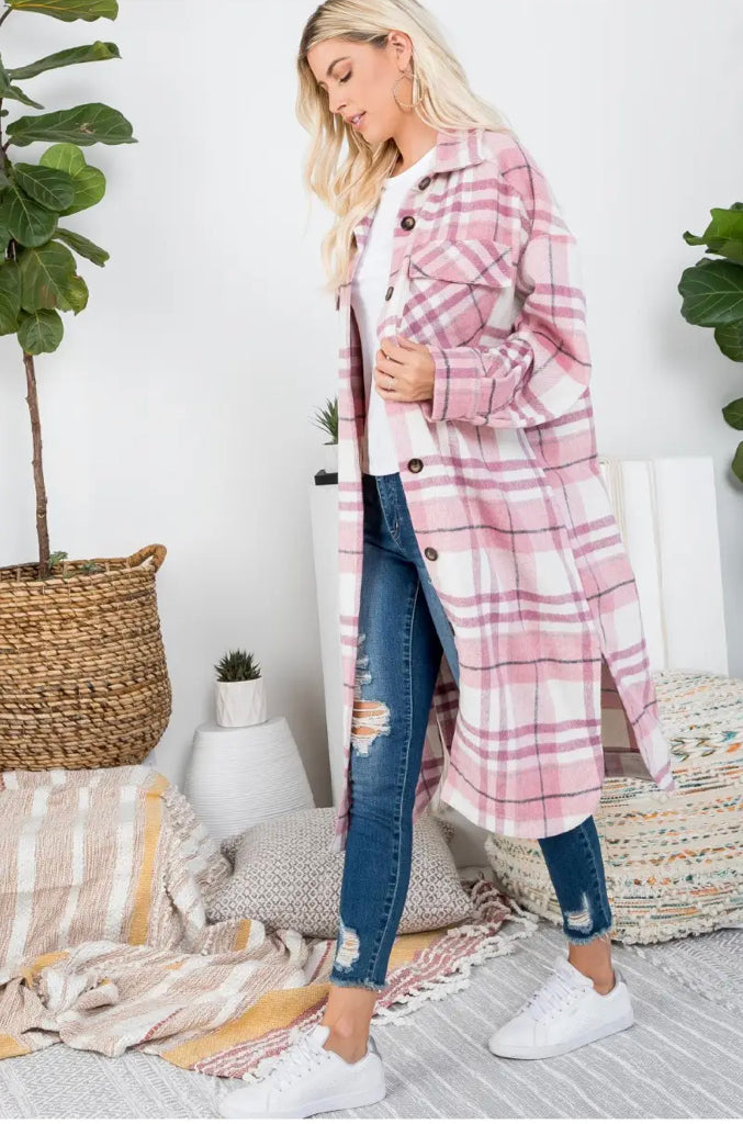 mauve plaid long shirt jacket