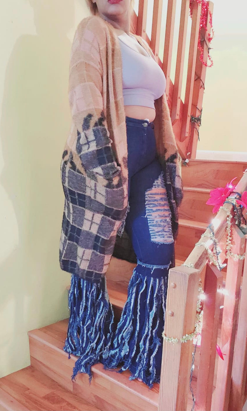 color block plaid long cardigan