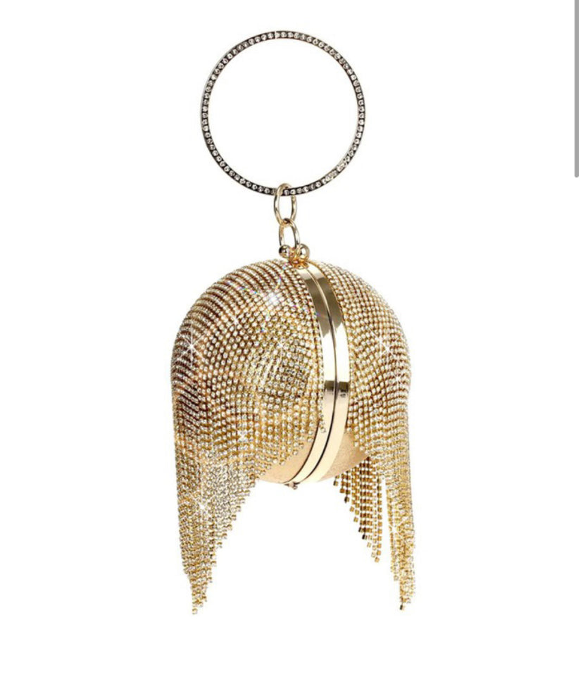 rhinestone round clutch fringe bag