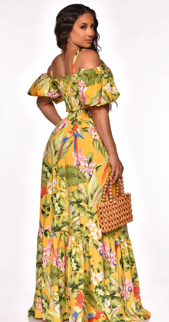 yellow multi vacation maxi skirt set