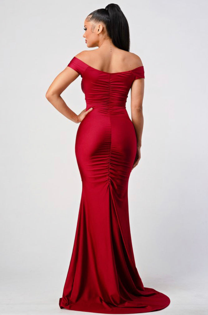 off the shoulder ruched mermaid maxi dress