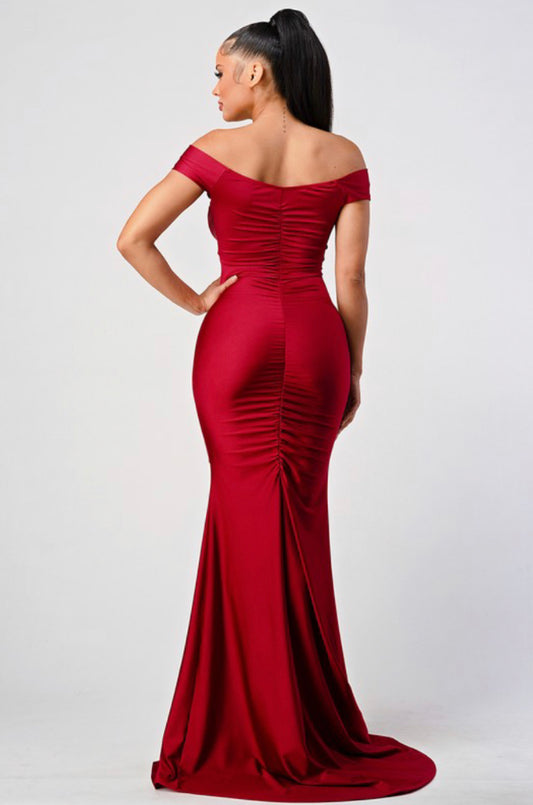 off the shoulder ruched mermaid maxi dress