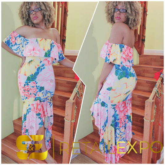 pink floral high low ruffled dress