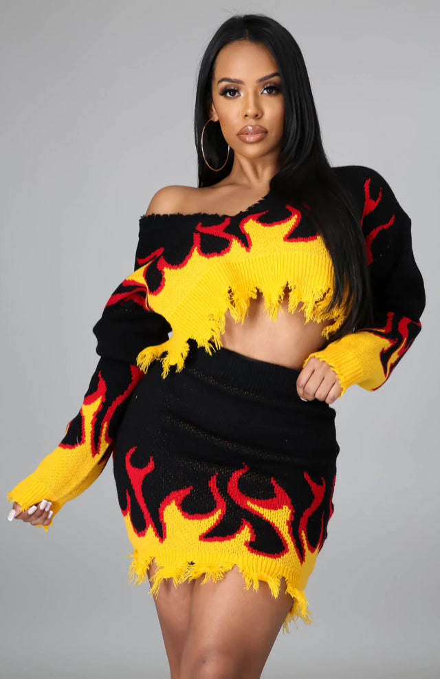 “On Fire” Distressed Skirt Set
