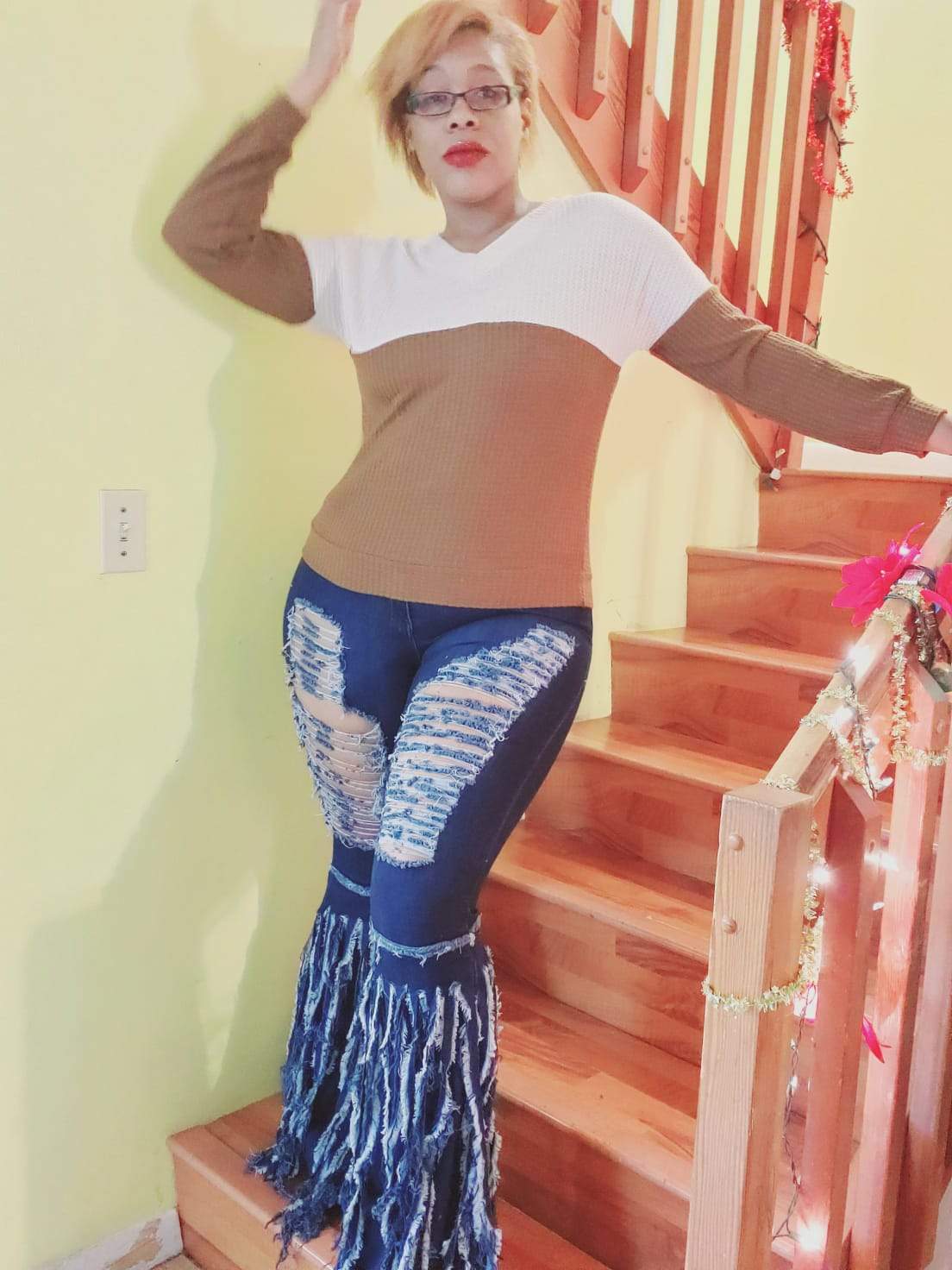 two-toned waffle knit long sleeve top